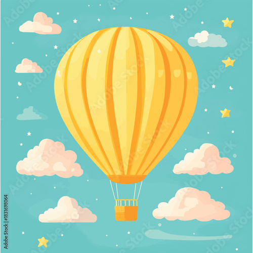 A bright yellow hot air balloon floats serenely in a pastel sky filled with whimsical clouds and sparkling stars, symbolizing adventure and dreams , vector style simple color