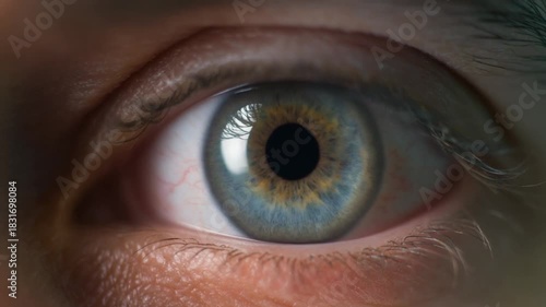 Close-up of a human eye showing detailed iris patterns and reflections in the pupil