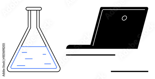 Laboratory flask with liquid and modern laptop signifying scientific experimentation, digital analysis, and research. Ideal for innovation, technology, science, education, data, teamwork simple flat