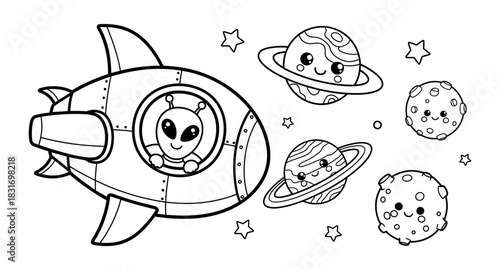 Cute spaceship adventure with smiling planets and alien in space