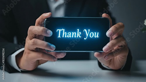 Person holding a smartphone displaying thank you message.