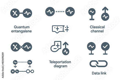 Quantum Teleportation Icons. Flat icon set of Quantum Teleportation: entangled pair, sender node, receiver