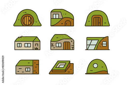 Earth-Integrated Home Icons. Flat icon set of Earth-Integrated Homes: hobbit-style mound house, hillside