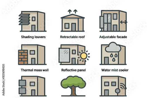 Climate-Adaptive Building Icons. Flat icon set of Climate-Adaptive Buildings: shading louvers, retractable