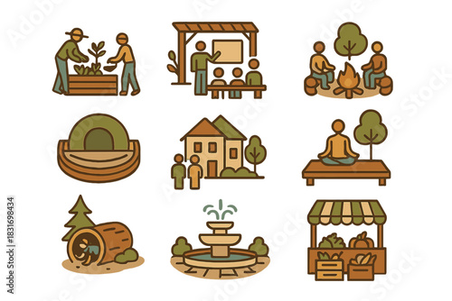 Community Eco-Space Icons. Flat icon set of Community Eco-Spaces: shared garden, outdoor classroom, communal