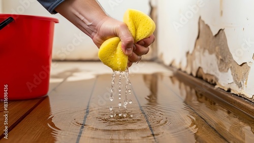Water damage on floor and wall with sponge