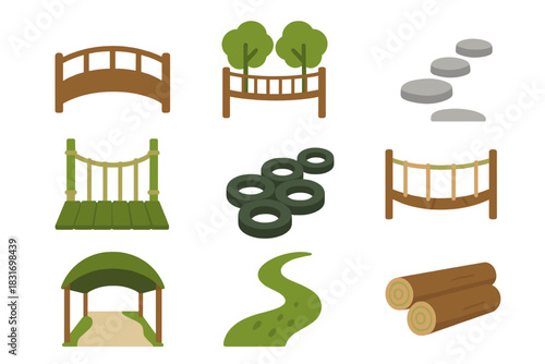 Eco Bridge Icons. Flat icon set of Eco Bridges & Pathways: wooden footbridge, tree canopy walkway, stone