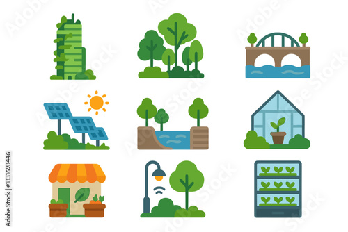 Biophilic City Icons. Flat icon set of Future Biophilic Cities: green skyscraper, urban forest, eco-bridge,