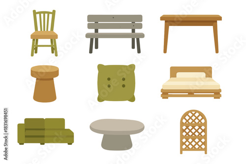 Eco-Friendly Furniture Icons. Flat icon set of Eco-Friendly Furniture: bamboo chair, recycled plastic bench,