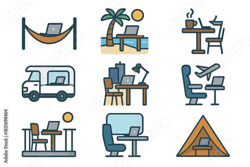 Digital Nomad Icons. Flat icon set of Digital Nomad Workspaces: hammock with laptop, beach desk, coffee shop