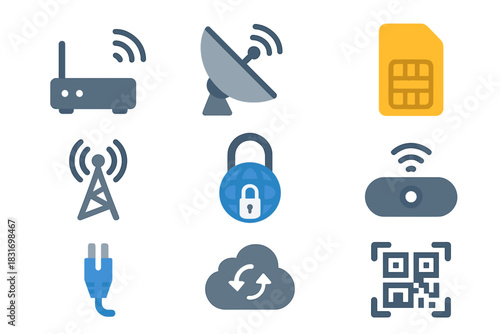 Global Connectivity Icons. Flat icon set of Global Connectivity: Wi-Fi router, satellite dish, SIM card,