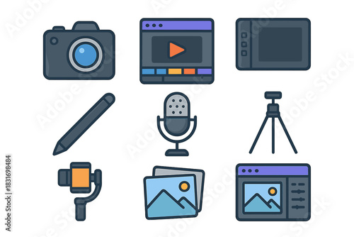 Digital Creativity Icons. Flat icon set of Digital Creativity Tools: camera, video editor, drawing tablet,
