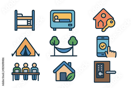 Nomad Accommodation Icons. Flat icon set of Nomad Accommodation: hostel bed, capsule hotel, Airbnb key,