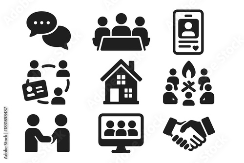 Digital Nomad Icons. Flat icon set of Digital Nomad Communities: group chat, coworking meetup, social media