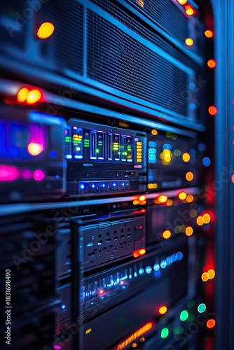 Lit server rack with glowing panels and blurred bokeh lights