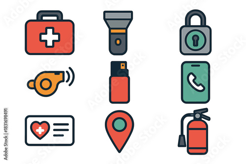 Nomad Safety Tools Icons. Flat icon set of Nomad Safety Tools: first aid kit, flashlight, portable lock,