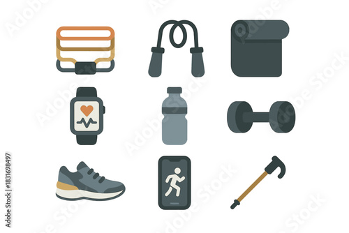 Nomad Fitness Icons. Flat icon set of Nomad Fitness: resistance bands, jump rope, yoga mat, smartwatch tracker