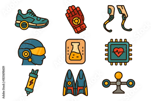 Augmented Sports Icons. Flat icon set of Augmented sports: cyber-runner shoes, exo-glove for climbing, bionic