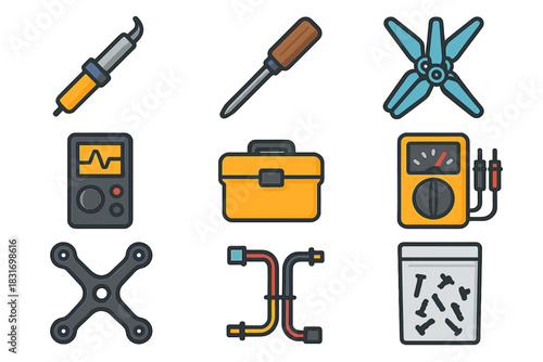 Drone Maintenance Icons. Flat icon set of Racing drone maintenance: soldering iron, hex driver, spare props,