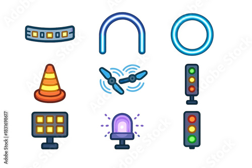 Drone Race Lighting Icons. Flat icon set of Drone race lighting: LED strip, illuminated gate, neon ring, LED