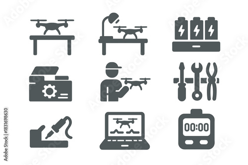 Drone Pit Stop Icons. Flat icon set of Drone pit stops: pit table, repair station, battery charging hub, spare