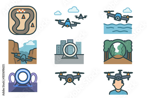 Drone Racing Icon Set. Flat icon set of Drone racing droneshots: aerial race track view, FPV chase shot, drone