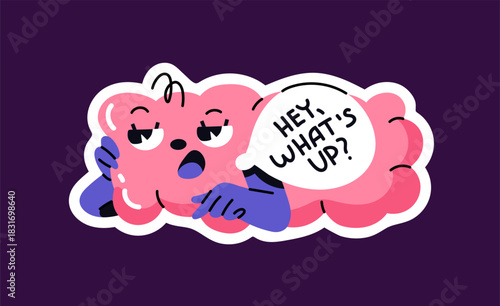 Cute emoji of abstract pink cloud asking Hey, what's up. Funny emoticon of happy calm character with talk in speech bubble. Icon of comic greeting. Hello sticker. Flat isolated vector illustration