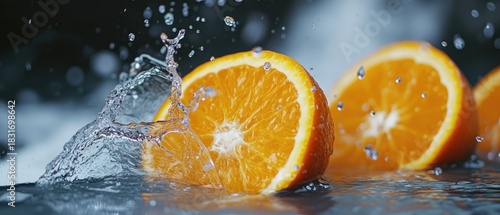 Orange slices getting splashed by water in dramatic setting