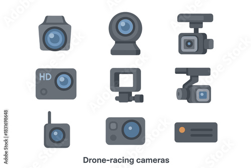 Drone Camera Icons. Flat icon set of Drone racing cameras: FPV camera, 360 drone cam, wide-angle lens, HD