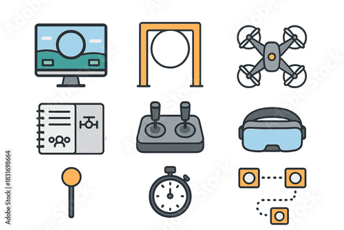 Drone Pilot Training Icons. Flat icon set of Drone pilot training: drone simulator screen, practice gate,
