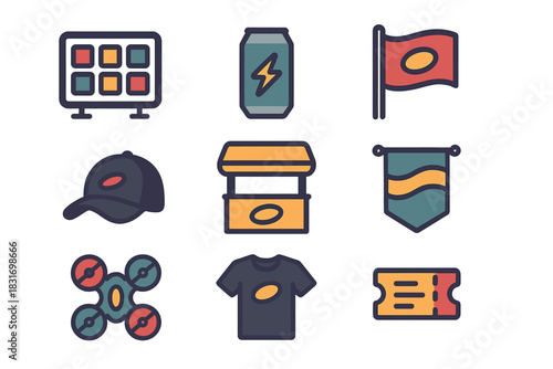 Drone Racing Icons. Flat icon set of Drone racing sponsors: sponsor logo board, energy drink can, branded flag