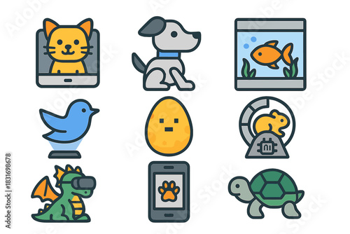 Virtual Pet Icon Set. Flat icon set of Virtual pets: digital cat, robot dog, virtual fish tank, holographic