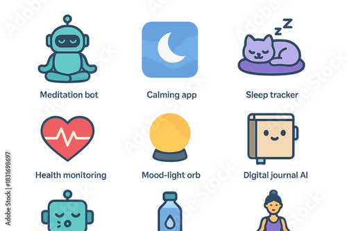 AI Wellness Icon Set. Flat icon set of AI wellness companions: meditation bot, calming app icon, sleep tracker