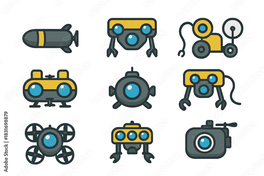 Fototapeta premium Submarine Drone Icons. Flat icon set of Submarine drones: torpedo drone, survey ROV, pipeline inspection bot,