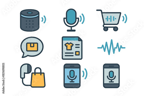 Voice Commerce Icons. Flat icon set of Voice commerce: smart speaker, voice command mic, shopping cart with