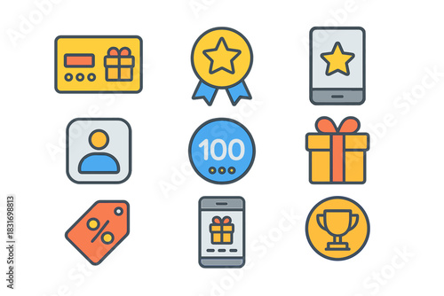 Retail Loyalty Icons. Flat icon set of Retail customer loyalty: loyalty card, star badge, membership app,