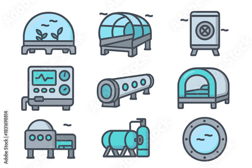 Underwater Habitats Icons. Flat icon set of Underwater habitats: dome habitat, glass tunnel, airlock chamber,