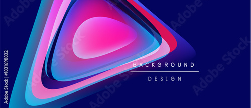 Abstract design features layered triangles, vibrant colors, gradients. Dark background emphasizes bright pink, blue hues. Modern aesthetic.