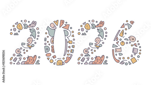 Celebratory Display of 2026: A playful and artistic presentation of the year 2026, composed of charming illustrations and unique designs, capturing a sense of anticipation and optimism.
