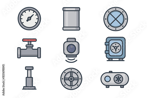 Pressure Technology Icons. Flat icon set of Pressure technology: pressure gauge, titanium hull, reinforced