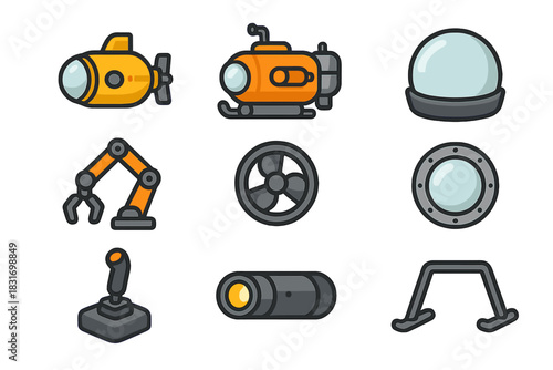 Submersible Icon Set. Flat icon set of Submersibles: mini submarine, research submersible, pilot cockpit,