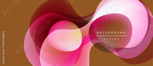 Abstract flowing shapes, pinks, reds, whites over brown backdrop. Modern design element, dynamic composition, smooth gradients present.