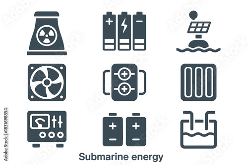 Submarine Energy Icon Set. Flat icon set of Submarine energy: nuclear reactor, battery pack, solar buoy,
