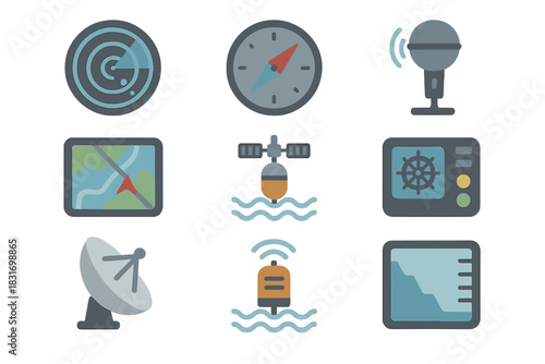 Navigation System Icons. Flat icon set of Navigation systems: sonar display, digital compass, hydrophone,