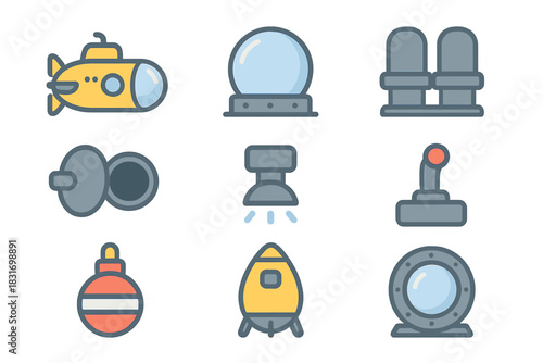 Submarine Icon Set. Flat icon set of Civilian submarines: tourist sub, glass viewport dome, passenger seats,
