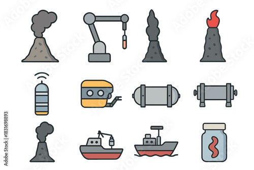 Hydrothermal Icon Set. Flat icon set of Hydrothermal research: hydrothermal vent, sampling arm, lava chimney,