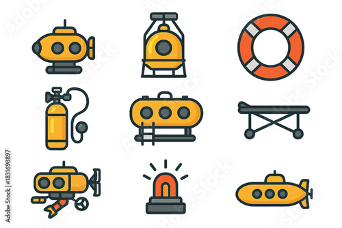 Rescue Submarine Icons. Flat icon set of Rescue submarines: rescue pod, diving bell, life buoy, emergency air