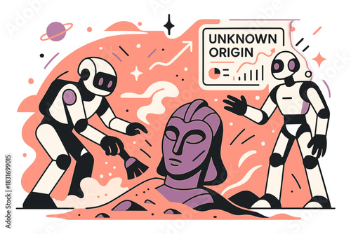 Robot Unearths Martian Relic. Martian relics. Robots carefully brushing dust from a half-buried alien statue