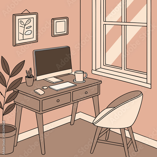 Minimalist home office setup with desk computer plant and chair near bright window