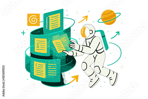 Cosmic Holographic Library. Cosmic archives. Floating holographic library in orbit, ancient manuscripts